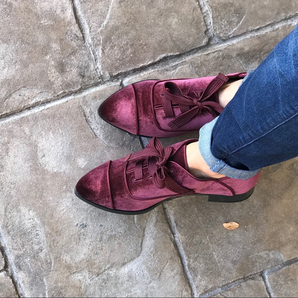 Red Wine Velvet Soft Thick Laces Boyfriend Loafers - Picture 5 of 8